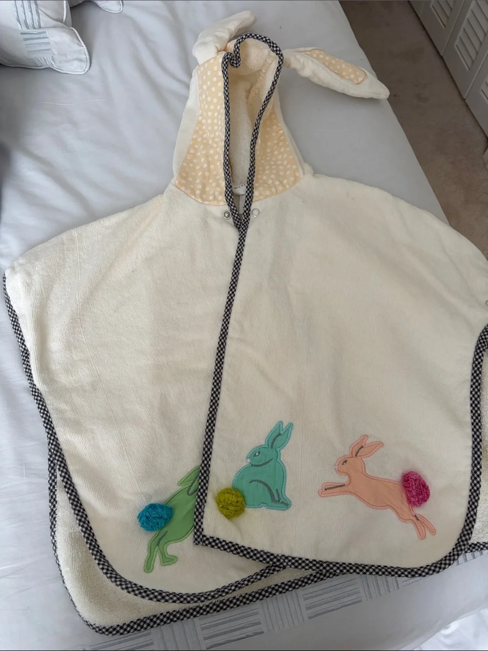 MacKenzie-Childs Cream Bunny Hooded Poncho with Pastel Appliqués